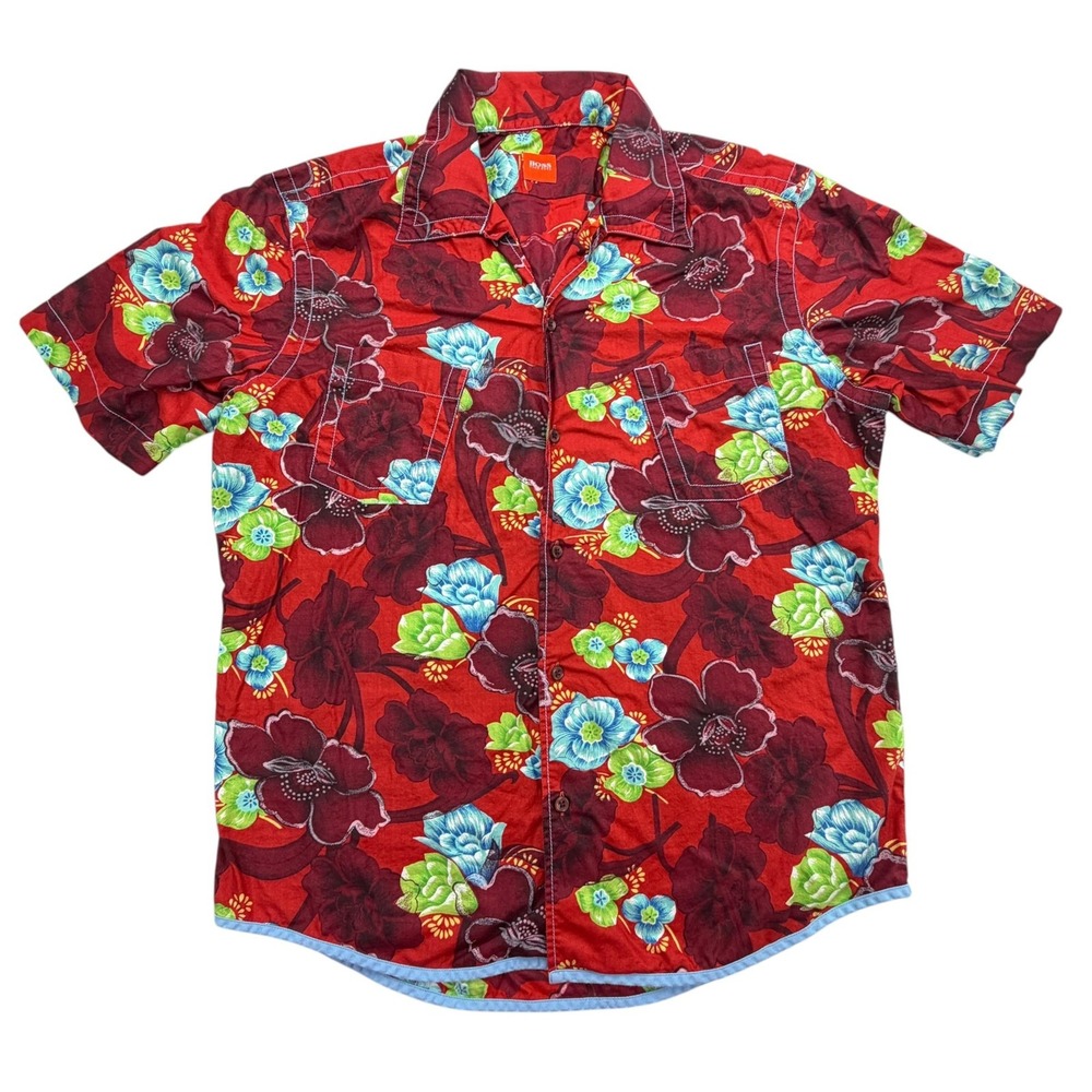 BOSS HUGO Shirt Mens L Red Short Sleeve Button Up Floral Cotton Hawaiian